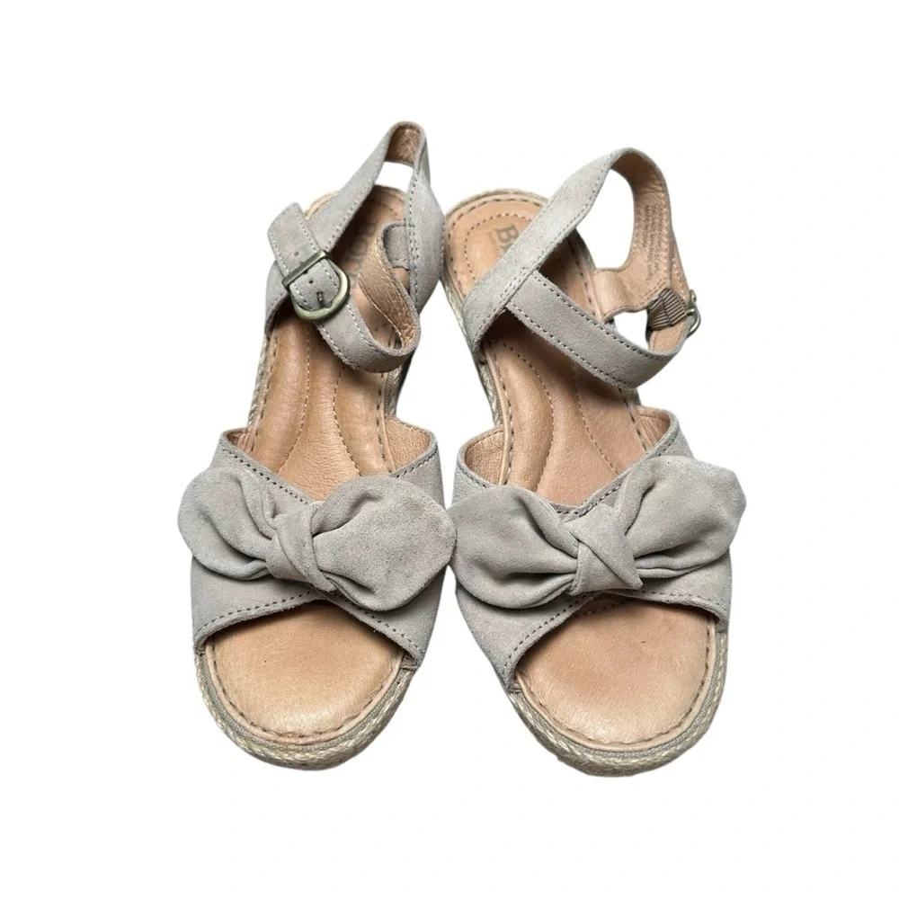 Born Women’s 7 Beige Bow Espadrille Leather Open Toe Wedge Sandal